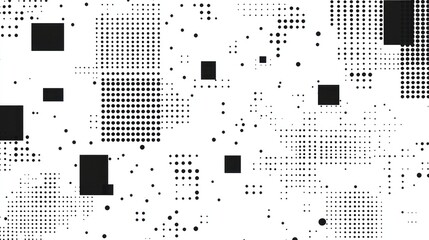 Abstract halftone pattern with black squares and dots on white background.