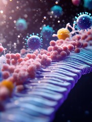 Leinwandbilder - Close up view of a molecular RNA chain surrounded by various viruses in a vibrant scientific illustration. Generative AI