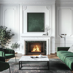 Wall Mural - Cozy modern living room with green accents and a fireplace, perfect for relaxation and style