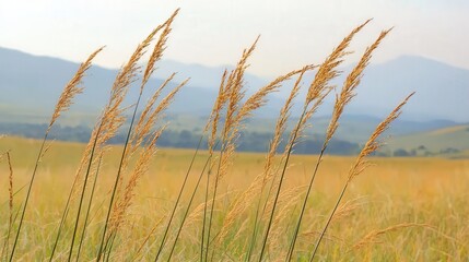  Valley meadow and expansive, Golden grass sways gently in the breeze, set against a backdrop of rolling hills and a serene sky.