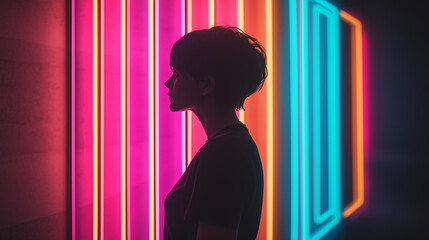 Poster - Silhouette of a woman against colorful neon lights creating a vibrant and modern atmosphere