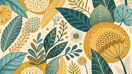 Wall Mural - A seamless, hand-drawn design of warm mustard yellow and teal, combining abstract shapes with natural, textured patterns that evoke a retro vibe.
