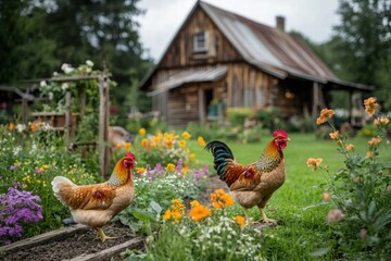 Poster - Chickens and a rooster roam freely in a colorful garden near a rustic wooden farmhouse. Generative AI