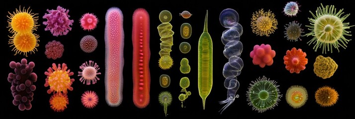 Fototapete - Bacteria evolution sequence depicting diverse forms and structures in vibrant colors over a dark background. Generative AI