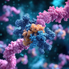 Aufkleber - Molecular RNA chain in close up with surrounding viruses showcasing intricate details of cellular biology. Generative AI