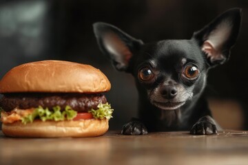 Wall Mural - A black Chihuahua gazing at a giant beef burger