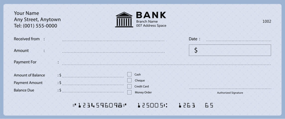 Wall Mural - bank check, vector blank money cheque, checkbook template with guilloche pattern and fields. currenc