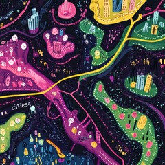 Aufkleber - Exploring a vibrant map of playful bacteria colonies depicted as colorful cities in a whimsical landscape. Generative AI