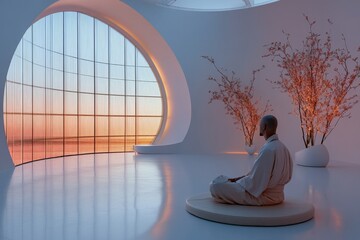 Wall Mural - Serenity in a minimalist meditation space at sunset with a peaceful practitioner observing nature