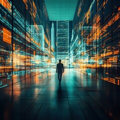 Poster - Digital Metropolis: A Man Walks Through a Futuristic Cityscape of Data Streams and Glowing Screens