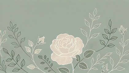 Wall Mural - Soft sage green backdrop with minimalist rose outlines in muted cream tones for fresh, elegant design.