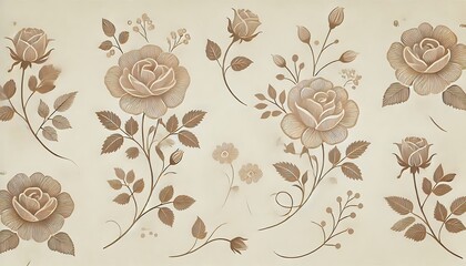 Wall Mural - Light cream background with rose motifs in soft taupe, spaced widely for minimal, elegant style.