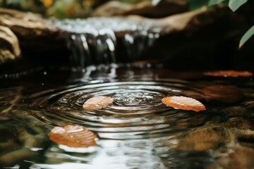 Wall Mural - Leaves floating on water rippling gently in a tranquil stream during autumn