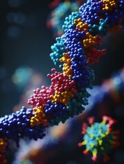 Aufkleber - Close up view of a colorful RNA chain interacting with surrounding viruses in a microscopic environment. Generative AI