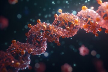Poster - Close up of molecular RNA chain with surrounding viruses showcasing complex biological interactions. Generative AI