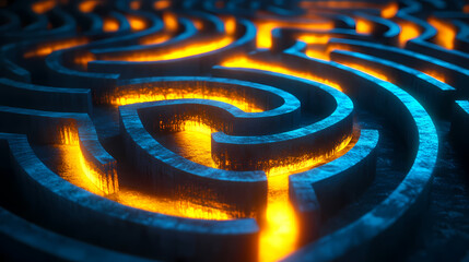 A labyrinth maze with a glowing yellow path on a blue background suggesting a concept of problem solving. 3d rendering. Firebloom. Illustration
