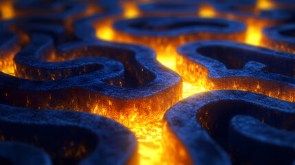 A labyrinth maze with a glowing yellow path on a blue background suggesting a concept of problem solving. 3d rendering. Firebloom. Illustration
