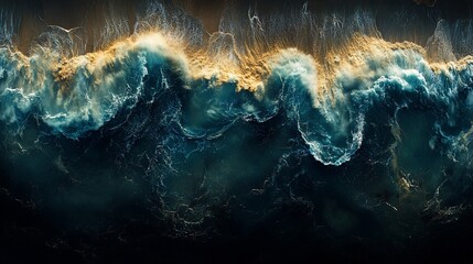 Wall Mural - Aerial ocean waves, golden sunset, turbulent waters, powerful nature, background for design