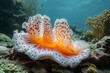 © anastasiia - A vibrant sea slug, adorned with orange and pink spots, graces a colorful coral reef in the tranquil depths of the ocean.
