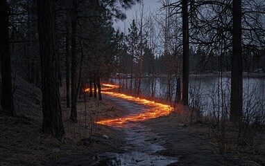 Canvas Print - Glowing path through dark forest by lake at dusk.