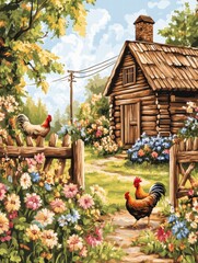 Poster - Chickens and a rooster in a vibrant wooden farmyard with blooming flowers on a sunny day. Generative AI