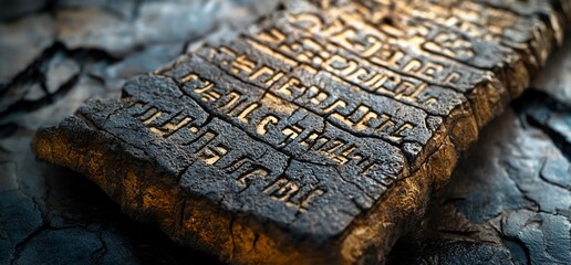 Ancient stone tablet, etched script, dark background, historical artifact, website design