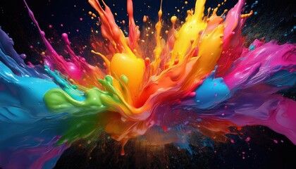 Poster - Vibrant Explosion of Rainbow Paint Splashes in a Captivating Canvas Dazzling Colors Illuminate and Swirl Amidst Motion