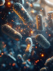 Poster - 3D render of diverse microbes interacting in a vibrant microscopic environment. Generative AI