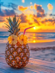 Poster - Beautiful sunset with a pineapple drink garnished with flowers at a beach location. Generative AI
