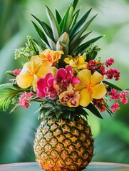 Poster - Beautiful pineapple arrangement with vibrant tropical flowers in a lush outdoor setting. Generative AI