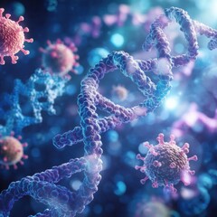 Poster - Close up view of molecular RNA chain surrounded by various viruses in a colorful digital environment. Generative AI