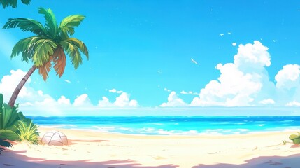 Wall Mural - Idyllic tropical beach scene; palm tree, clear sky, and ocean. Perfect for travel, vacation, or summer themed designs and websites.