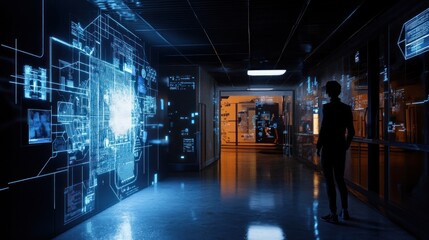 Poster - futuristic corridor: a person exploring digital interfaces