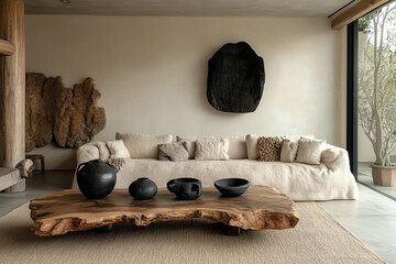 Wall Mural - Modern minimalist living room with natural decor, stylish furniture, and elegant accessories