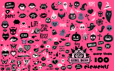 Aufkleber - Big set of neon cartoon stickers with tattoo style illustrations. Drawings depicting heat, flames roses and knives. 