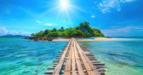 Wall Mural - A wooden bridge leading to a small island with lush green trees and a sandy beach. AI.