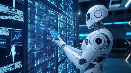 Poster - Futuristic Robot Analyzing Data on a Giant Screen