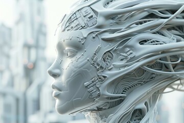 Poster - A robotic head with intricate circuitry and a human-like face. AI.