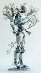 Poster - A robotic figure intertwined with a tree. AI.