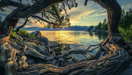 Wall Mural - A tree with exposed roots reaches out over a calm lake. AI.