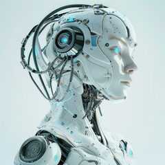 Poster - A white robot with blue glowing eyes. AI.