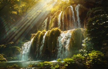 Poster - Sun rays illuminate a cascading waterfall in a lush green forest. AI.