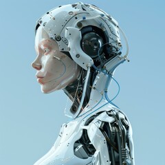 Poster - A humanoid robot with intricate wiring and a futuristic design. AI.