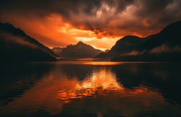 Wall Mural - A mountain lake reflects the fiery colors of a sunset. AI.