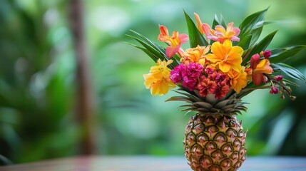 Aufkleber - Vibrant flower arrangement in pineapple vase enhances tropical setting with natural beauty. Generative AI