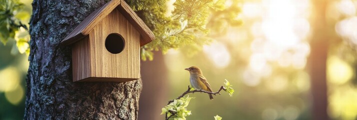 Poster - Wooden birdhouse hanging on a tree with small birds perched nearby during a sunny afternoon in a natural setting. Generative AI