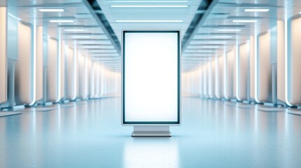 Poster - A futuristic digital signage unit in an exhibition hall, with a large empty screen for graphics or videos.