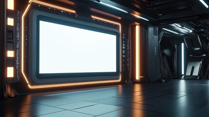 Poster - A futuristic digital signage unit in an exhibition hall, with a large empty screen for graphics or videos.