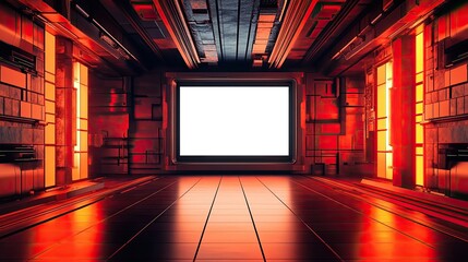 Poster - A futuristic interactive sign inside a museum, displaying an empty screen ready for exhibits.