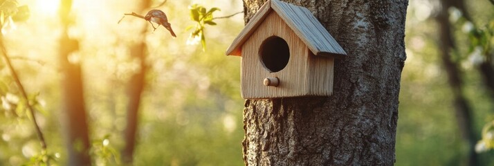 Poster - Wooden birdhouse hangs from tree while small birds perch nearby in golden sunlight. Generative AI